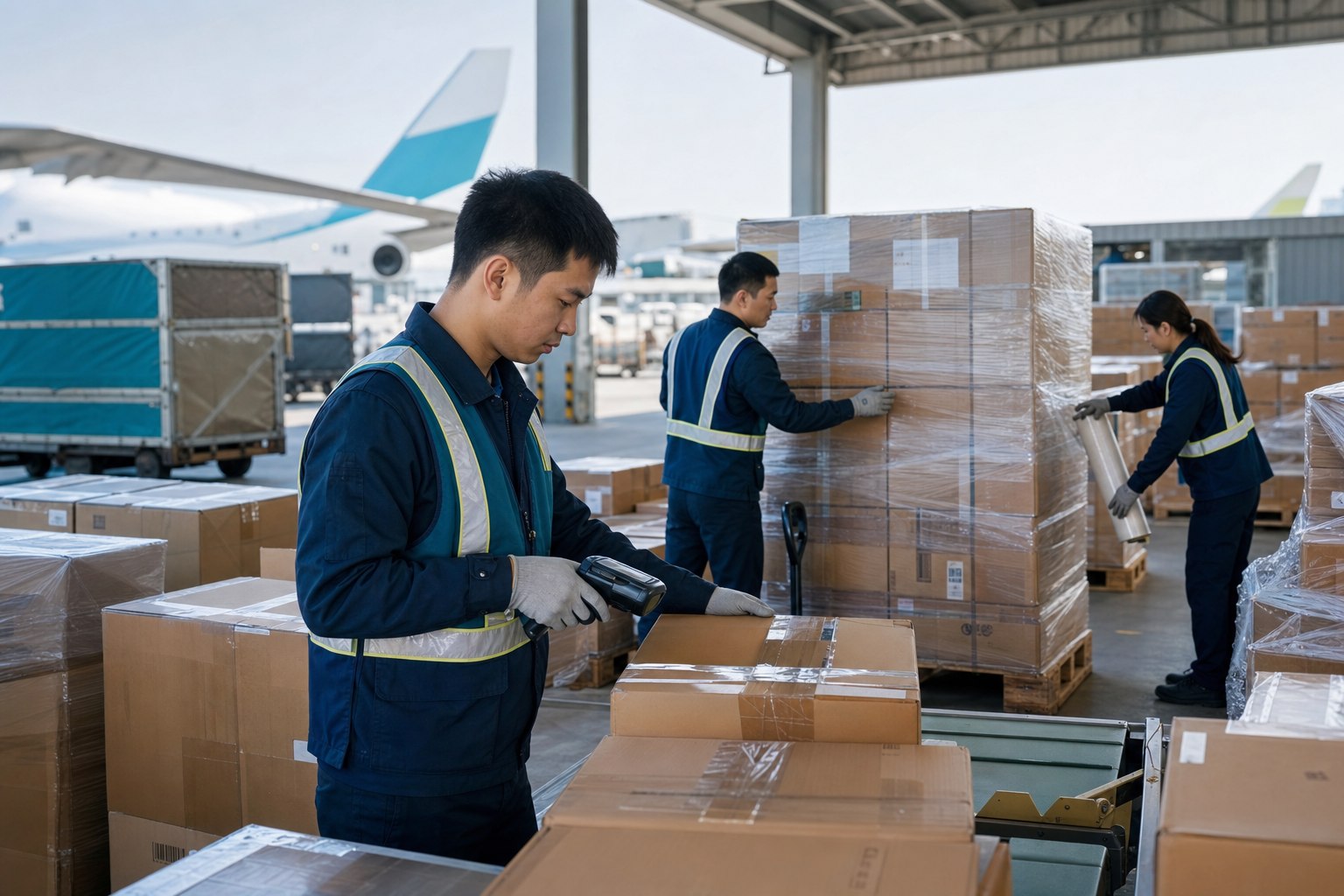 海外货站工作人员进行跨境进口货物扫码与集货